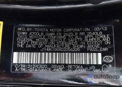 2013 Lexus Es 350 из США, поврежденный, VIN JTHBK1GGXD2056225